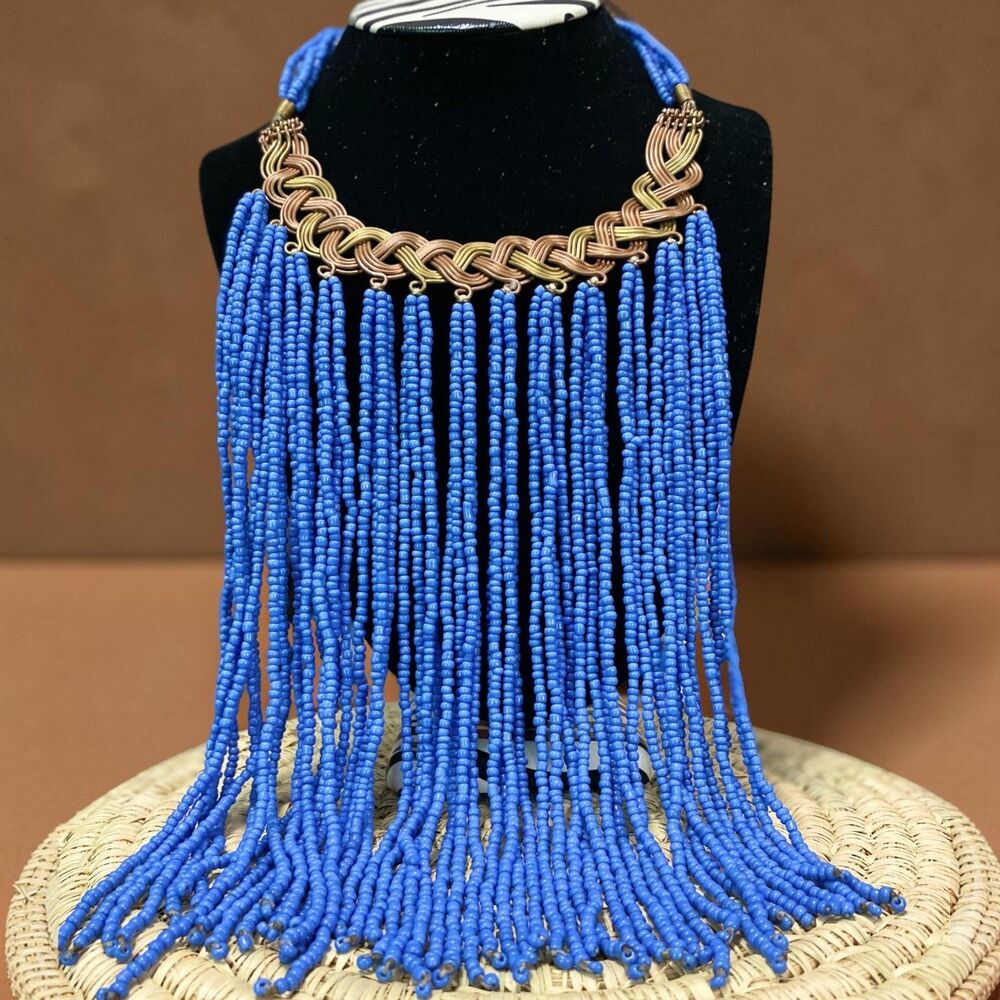 Kenyan Artisan Maasai Fringe Necklace Blue Bead Dual Tone Brass Bronze Bib NEW